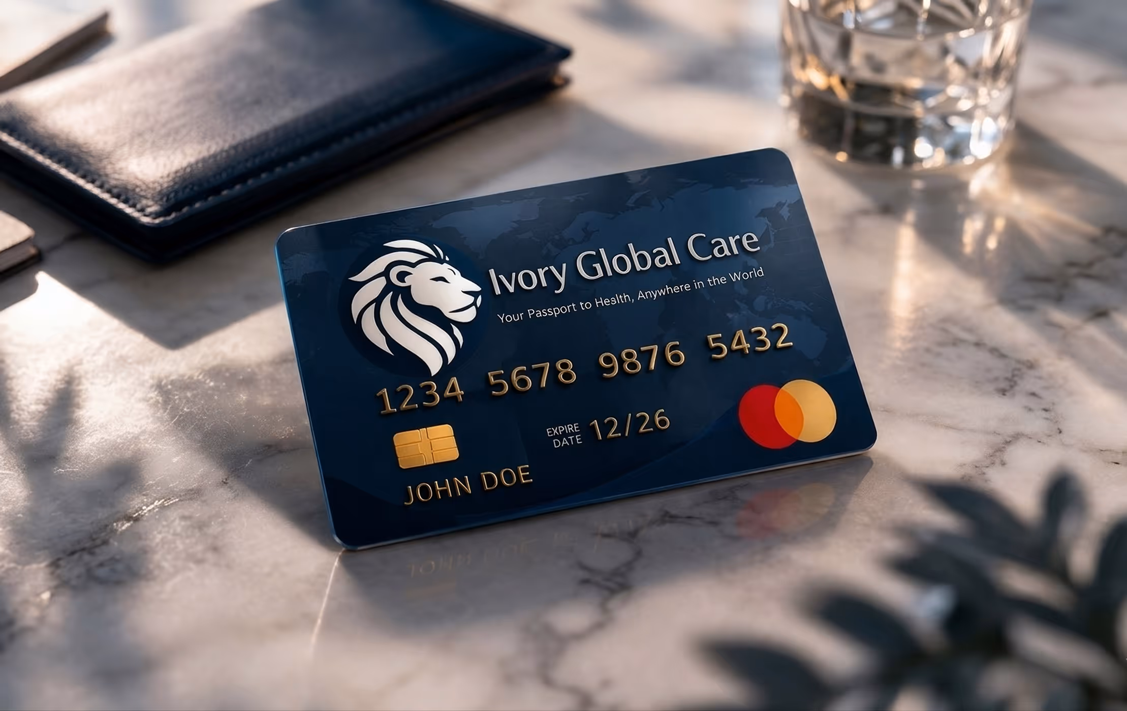 Ivory Global Care card presentation on marble surface