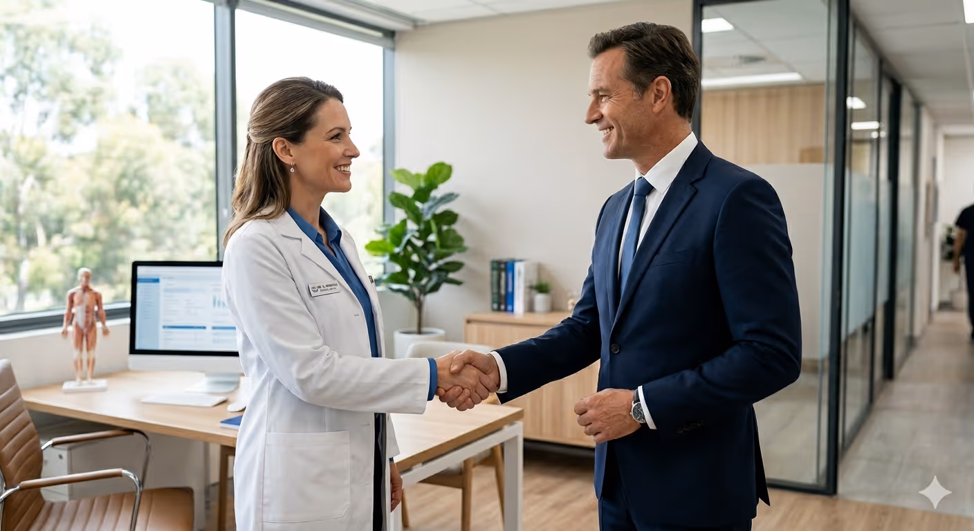 Female doctor shaking hands with male expat